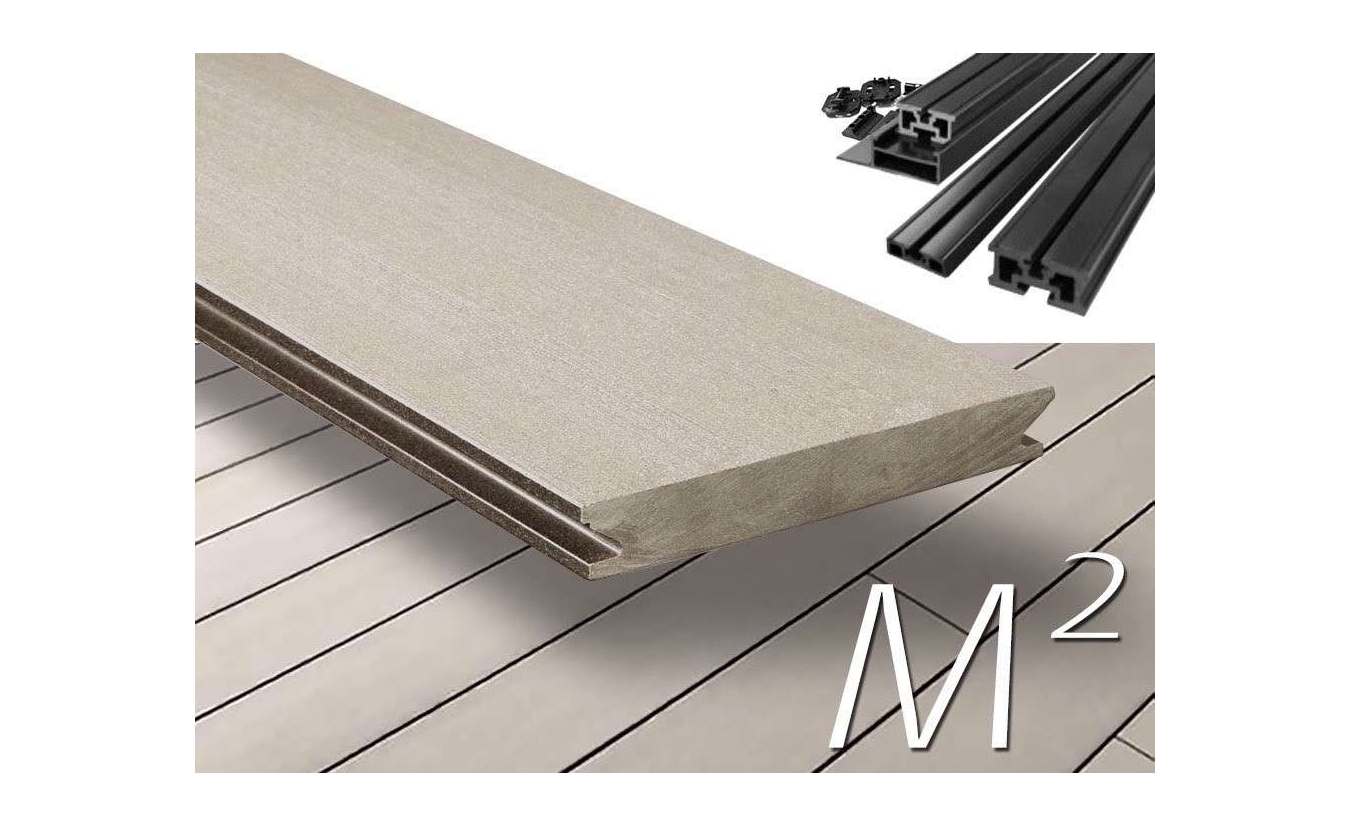 m2 Terrafina composiet vlonderplanken totaalpakket, massief, design geborsteld, 146mm breed, Kiezelgrijs